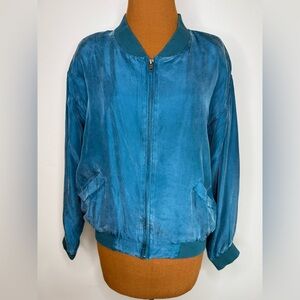 Naked Silk Vintage Teal Blue Bomber Jacket Zip Front Shoulder Pads Size Medium